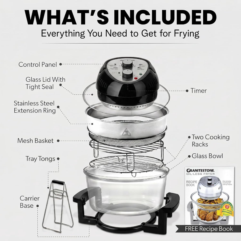 Granitestone 16Qt Large Glass Air Fryer Non Toxic – Family Sized Airfryer Cooker with 3 Cooking Levels, Stainless Steel Racks, Chicken, No Preheat, Self Cleaning, Dishwasher Safe, White