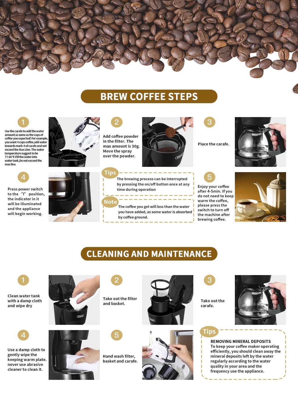 Gevi 4-Cup Compact Drip Coffee Maker with Reusable Filter & Warming Plate, Black