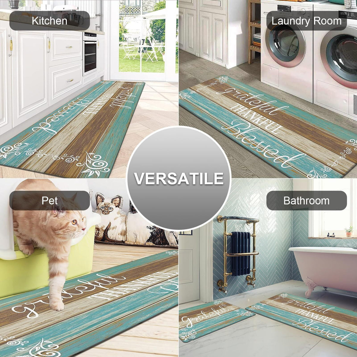 Findosom 2pcs Kitchen Rug Set, 18"x30"+18"x47" Non-slip Anti-Fatigue Kitchen Mats Farmhouse Waterproof Kitchen Runner,Ergonomic Comfort Cushioned Standing Mat for Floor,Home,Office,Sink,Laundry Blue