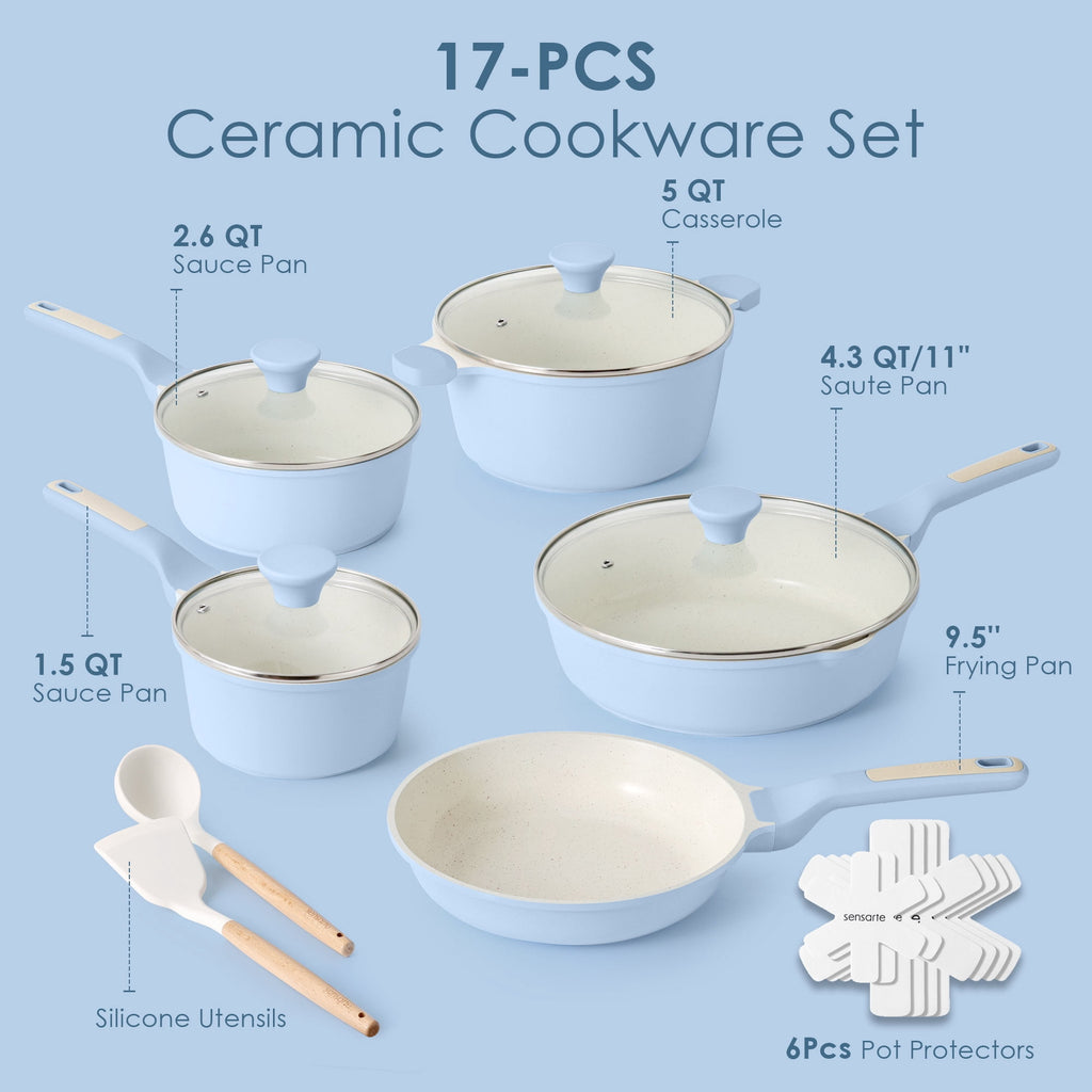 SENSARTE Ceramic Nonstick Pots and Pans Set, 10Pcs Healthy Non Stick Cookware Set with Pots Protectors, Induction Kitchen Cookware Sets, Dishwasher Safe White
