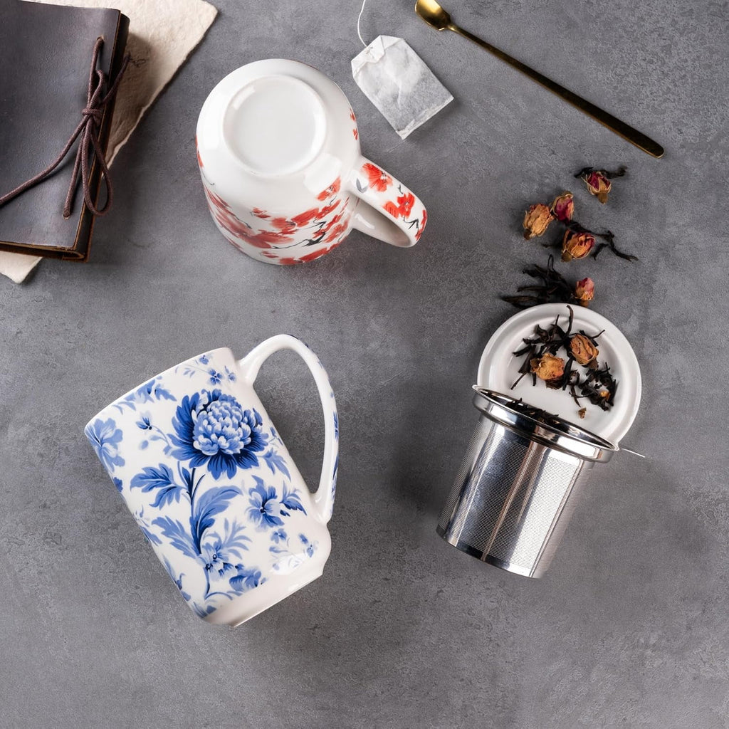 AmorArc Porcelain Tea Mug with Infuser and Lids, 18 Oz Cup Strainer Bag Holder for Loose Leaf Tea, Steeping Coffee Well-wrapped Box House-warming Wedding Birthday Gift, YelloRed