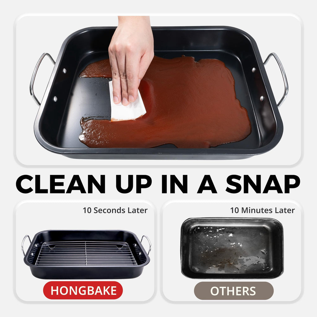HONGBAKE Small Roasting Pan with Flat Rack, 16"x11.5" Nonstick Turkey Pan for Oven, Chicken Roaster Tray , Baking Pans for Cooking Lasagna with Stainless Steel Handles