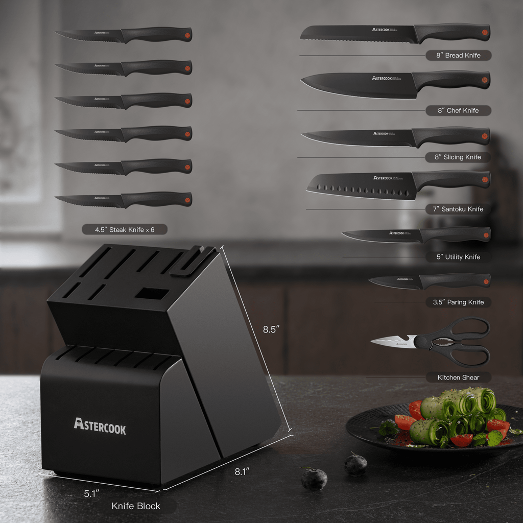 Astercook 15-Piece Kitchen Knife Set, Knives Block Set with Built-in Sharpener, Healthy Anti-Rust Coating & German Stainless Steel Knife Set, Dishwasher Safe Black