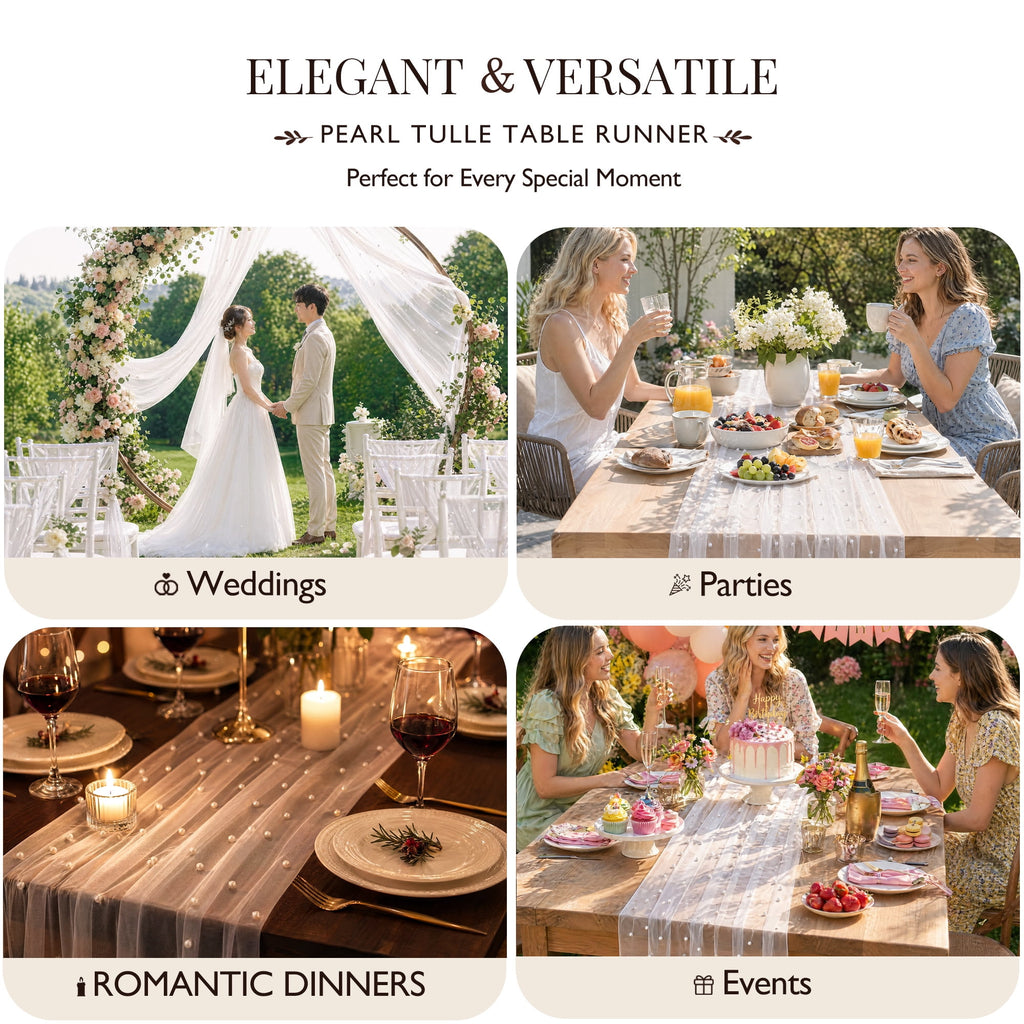 Inosoo Pearl Gauze Table Runner 30x120 inch, 10FT Sheer Tulle Table Decor with Shatterproof Pearls for Wedding Party Dining, White