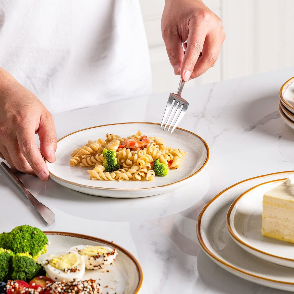 AmorArc Ceramic Plates Set of 6, 8.5 Inch Handmade Reactive Glaze Stoneware Plates set for Dessert, Salad, Appetizer, Dinner, Microwave & Dishwasher Safe, Scratch Resistant-Pearl White
