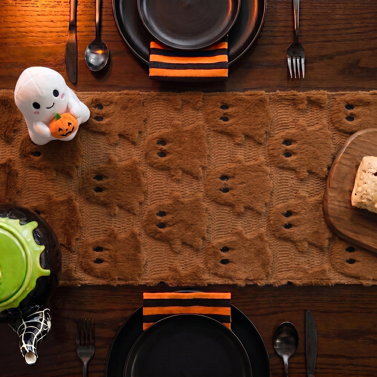 Sm:)e White Ghost Halloween Table Runner 13x72 Inch, Soft Plush Faux Fur Mantel Kitchen Dining Table Decor, Halloween Home Party Decor