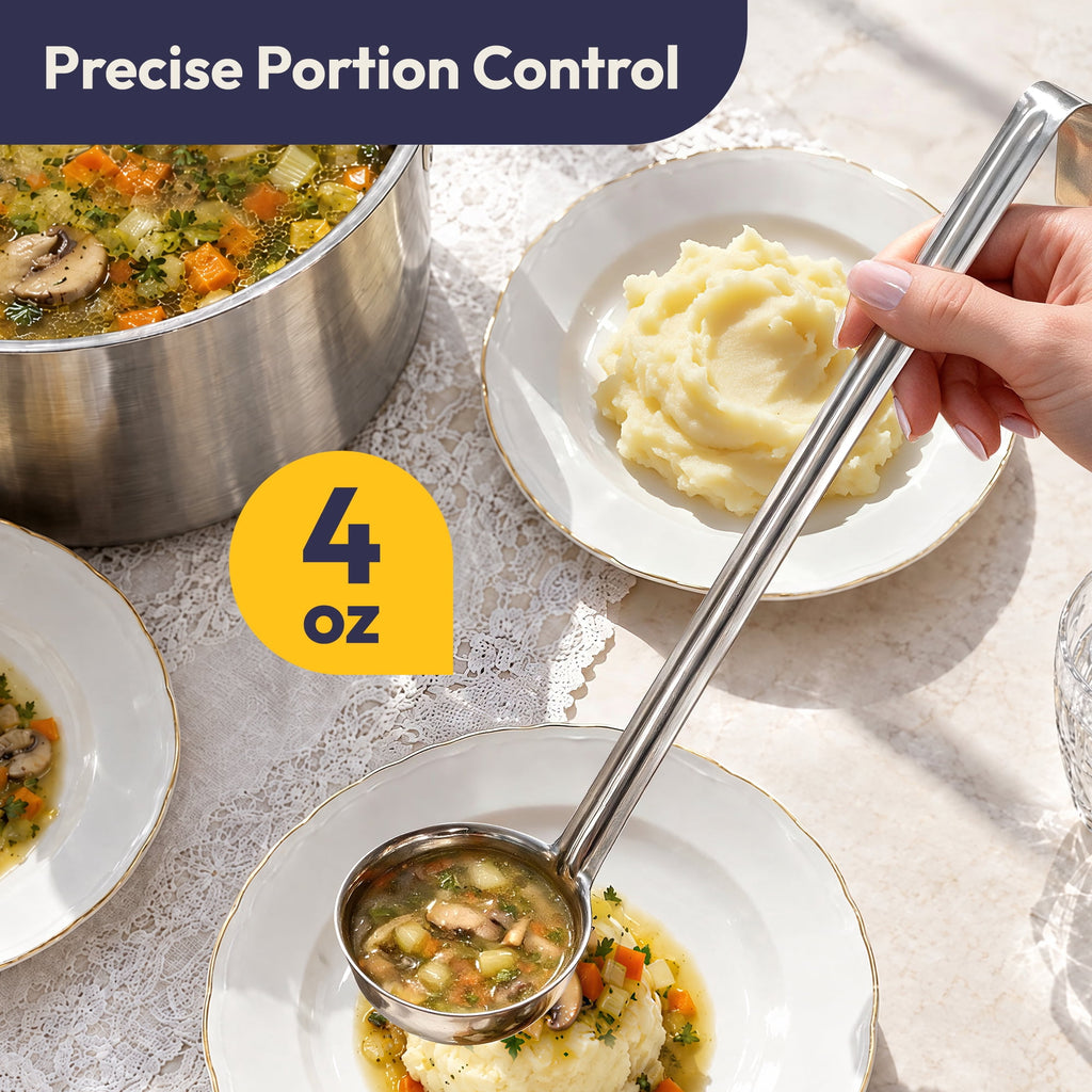 [2 Pack] 6 Oz Stainless Steel Soup Ladle - One-Piece Sauce Spatula with Hook Handles, Commercial Grade Serving Spoon, Kitchen Tool for Restaurant or Home Cooking, Mirror Finish, 14.25" Long
