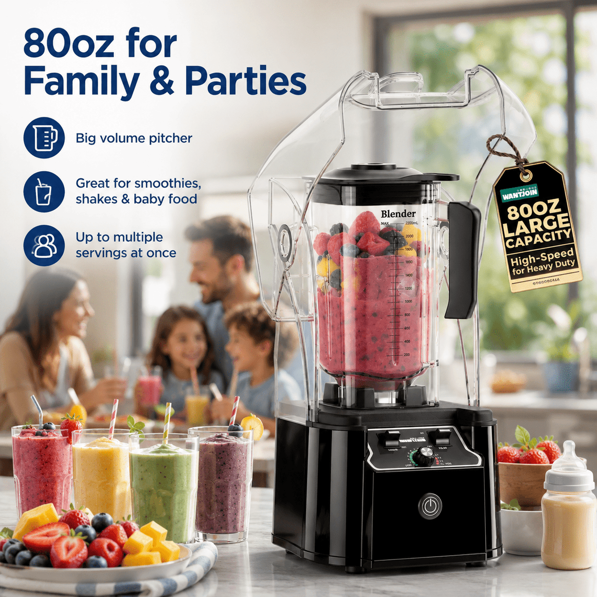 WantJoin Blender-Commercial Blender with Soundproof Shield, Enclosure 2200W ,Quiet Professional-Grade Power,Self-Cleaning,Gray