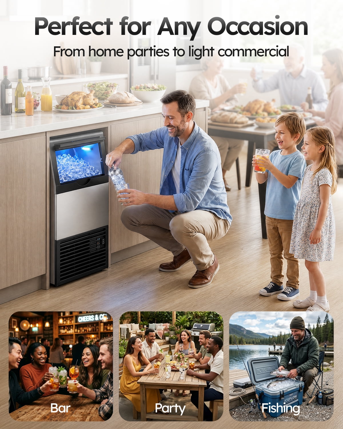 Ecojoy Commercial Ice Maker Machine, 150 Lbs/Day Stainless Steel Under Counter Ice Maker, 40Lbs Ice Storage Bin, Water Filter, 45 Cubes in 8-12 Mins