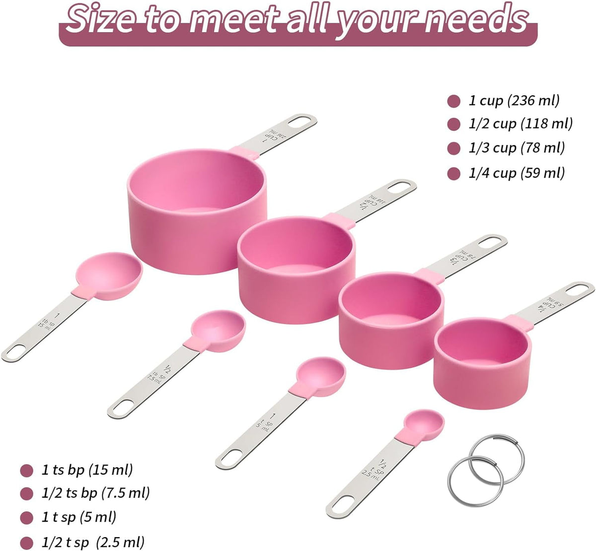 8Pcs Measuring Cups Set Measuring Spoons Set, Nesting Measure Cups with Stainless Steel Handle, For Measuring Dry and Liquid Ingredients Small Teaspoon with Plastic Head (Pink)