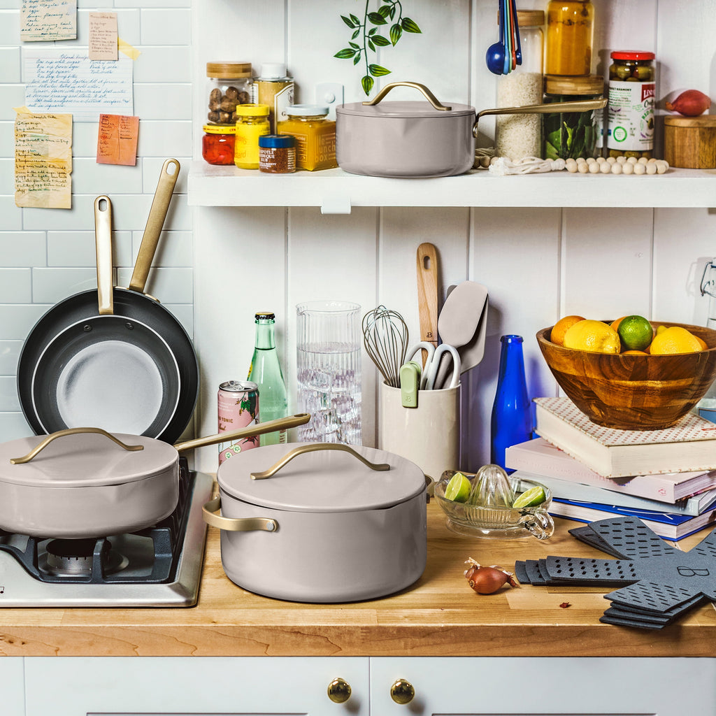 Beautiful 12-Piece Cookware Set, Pots and Pans with Strainer Lids and EverGood Ceramic Nonstick Coating, White Icing by Drew Barrymore