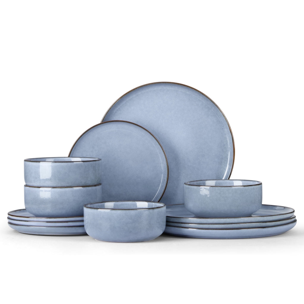 Vesteel Dinnerware Sets for 4, 12-Piece Stoneware Dish and Bowls Set, Handmade Reactive Glaze Coupe Plates Set for Family, Chip & Scratch Resistant - Matte Black