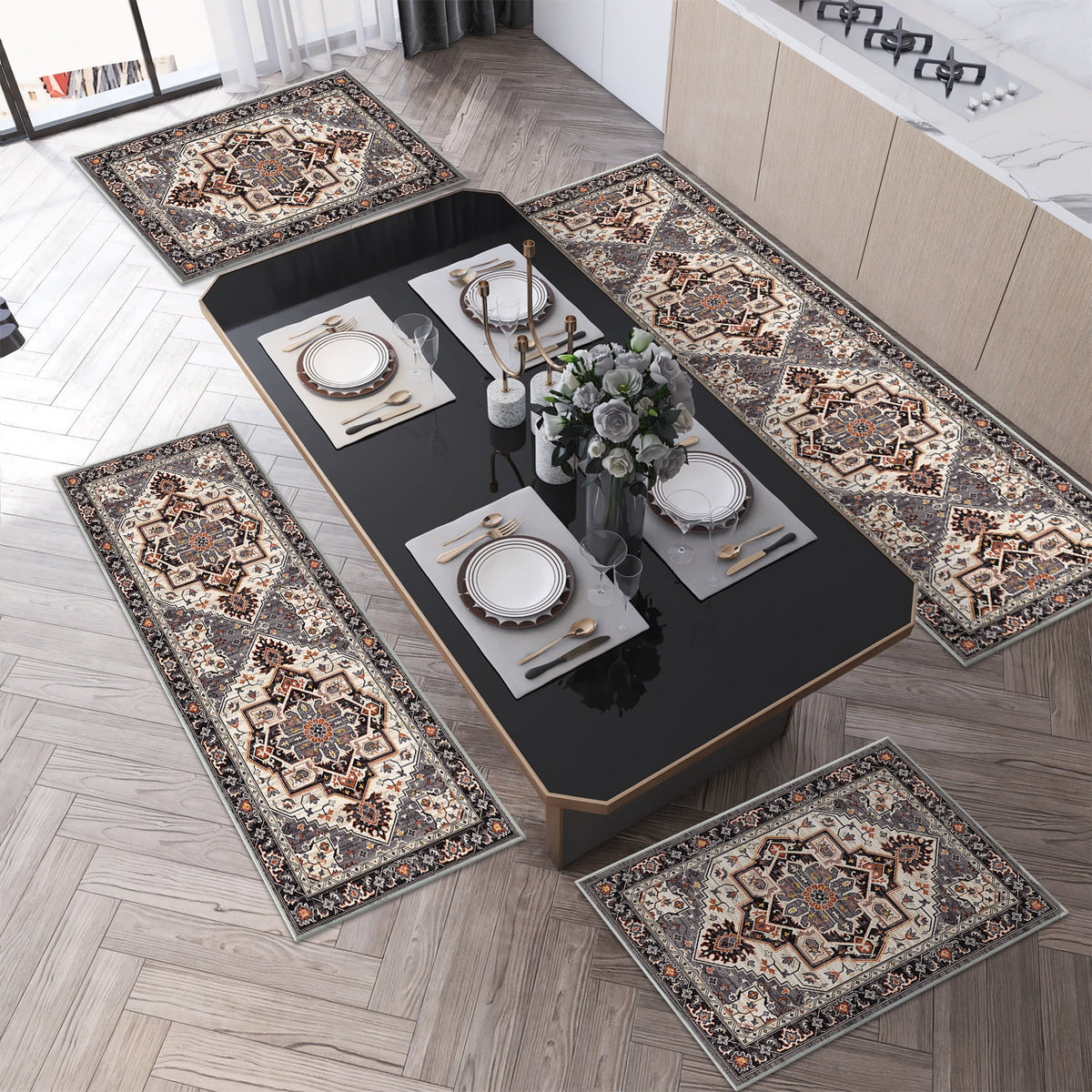 TECHVIDA Kitchen Rug Set 3 Piece,Non Slip Machine Washable Kitchen Mats, Farmhouse Hallway Doormat for Home Floor and Living Room,Gray