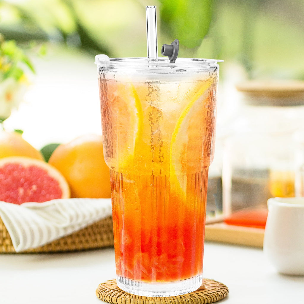 2 Piece 20 oz Glass Cups with Lid and Straw,High Borosilicate Tumbler, Iced Coffee Cup, Beer Glasses,Water Smoothie,Clear