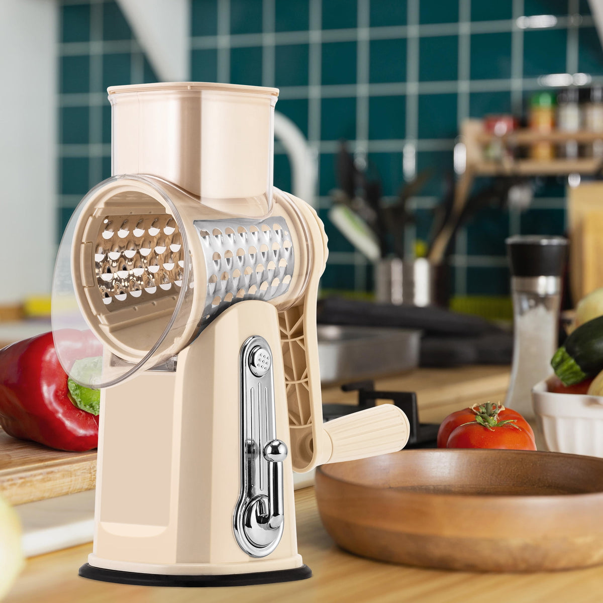 Pukomc Rotary Cheese Grater with Handle- 5 Blades, Suction Base, Mandoline Slicer & Veg Shredder with Blade Storage Box(Green)