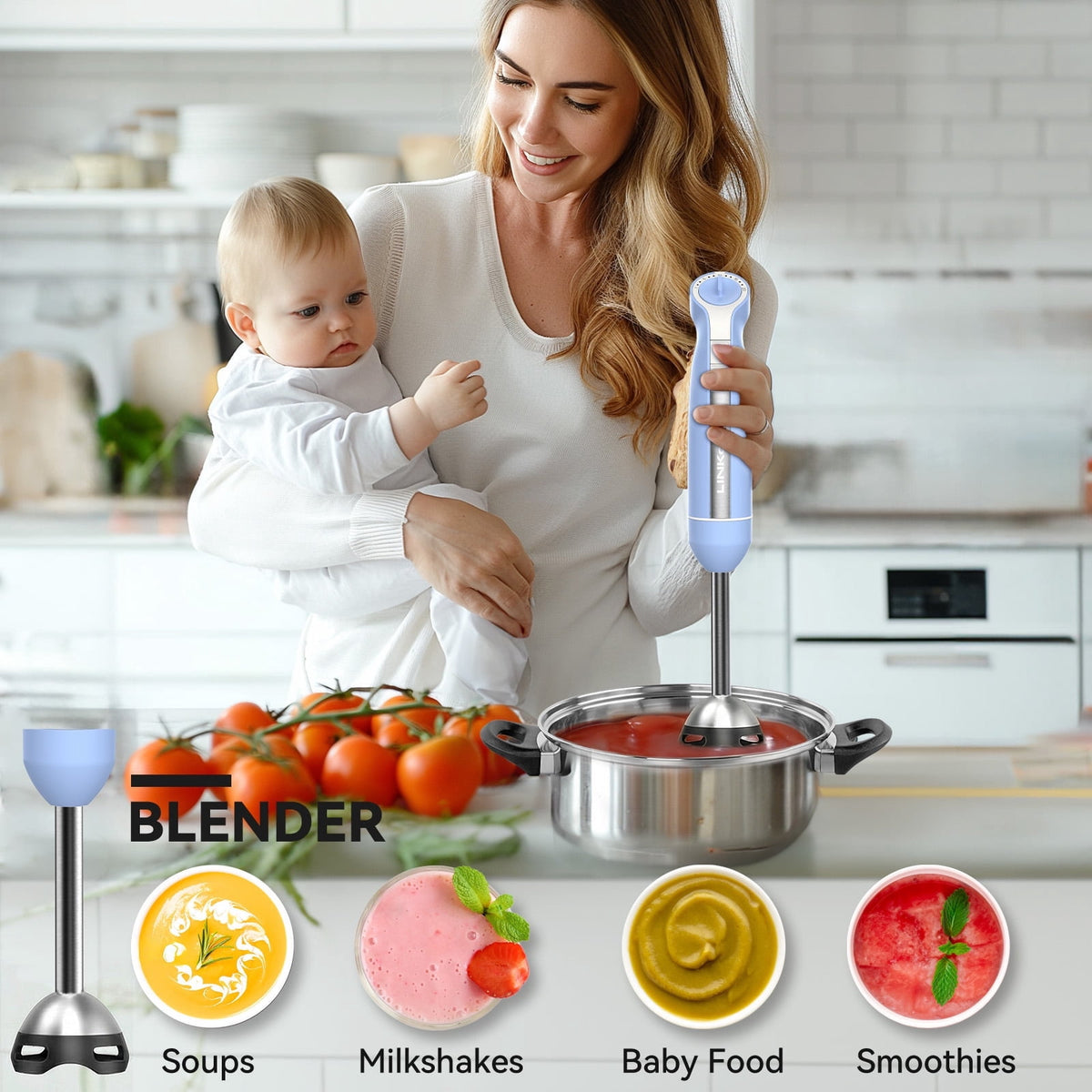 LINKChef Immersion Blender, 1000W 20-Speed 5-in-1 Hand Blender with Turbo Mode, Scratch-Resistant Stick Blender for Baby Food, Ice & Smoothie(Black)