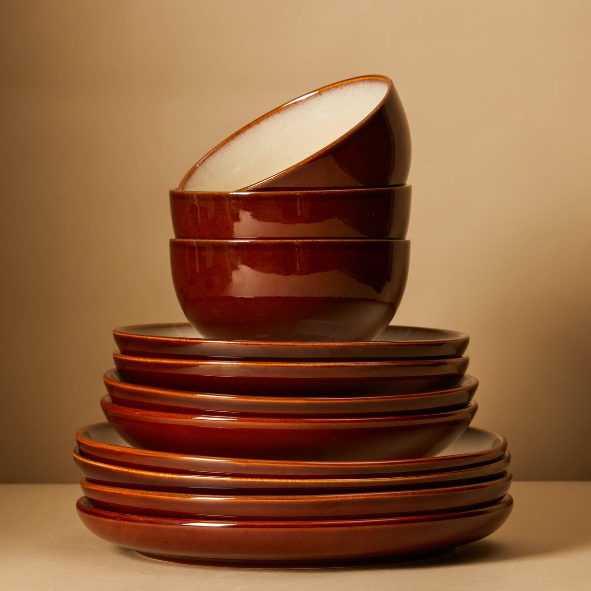 Pokini 12-Piece Stoneware Dinnerware Sets, Plates and Bowls Dish Sets for 4, Brown Green