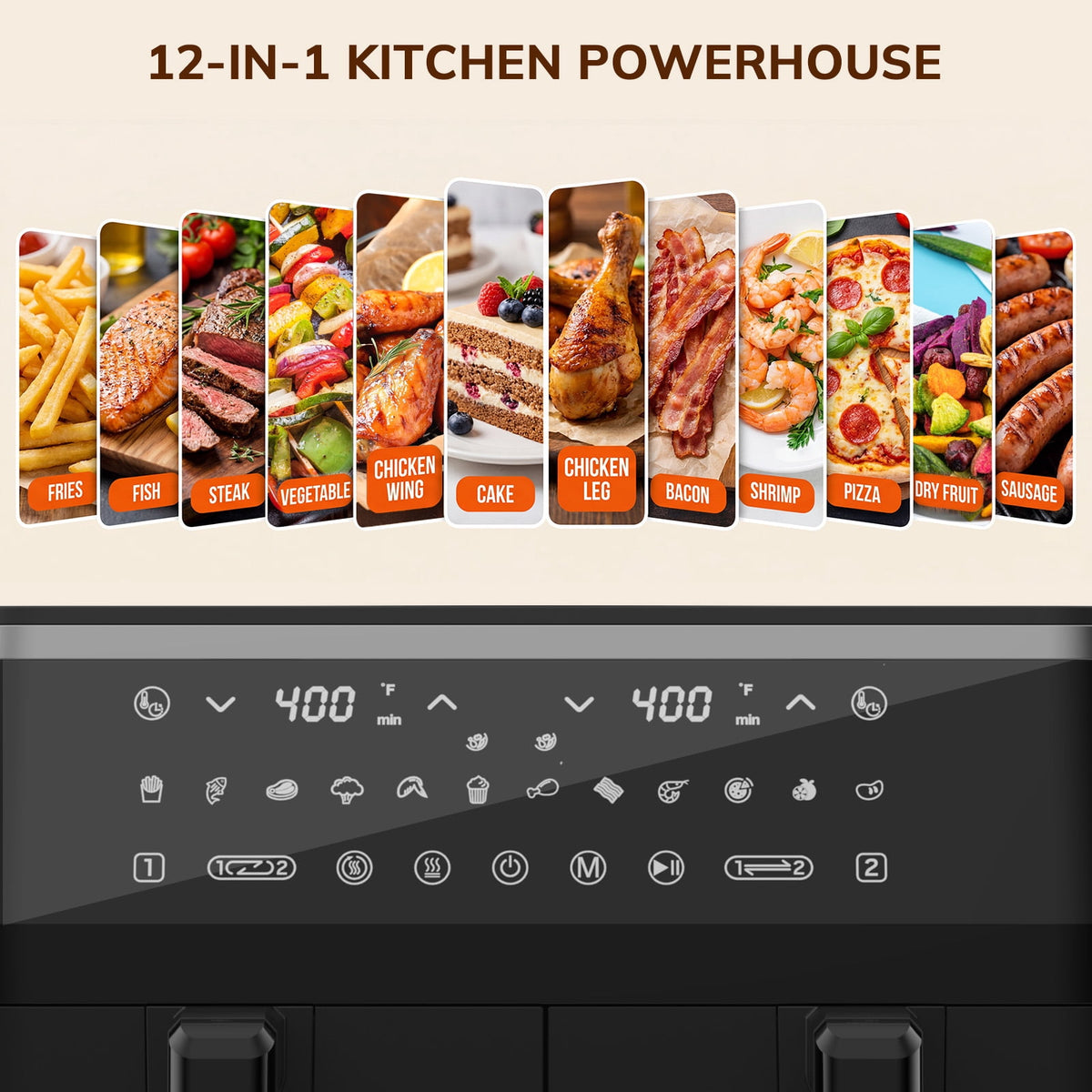 10QT Dual Basket Air Fryer with Digital LED Touchscreen, 12 Presets, Independent Dual Controls, Sync Finish, 1700W, 140-400°F, Black