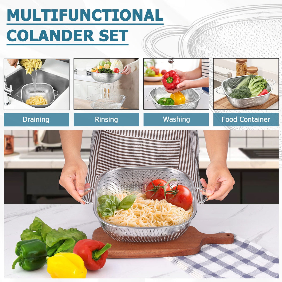 VeSteel Colander Set of 3, Stainless Steel Micro-Perforated Colanders Strainers for Draining Rinsing Washing, Ideal for Pasta Vegetables Fruits, Heavy Duty & Dishwasher Safe - 1/3/5 Quart