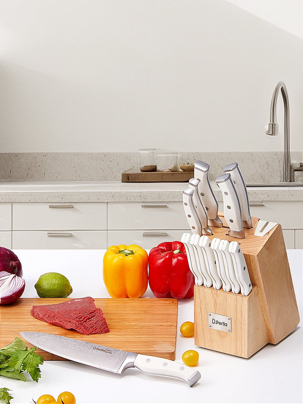 D.Perlla Knife Set, 14 Pcs Kitchen Knives Set with Built-in Sharpener, German Stainless Steel Knife Sets with Block