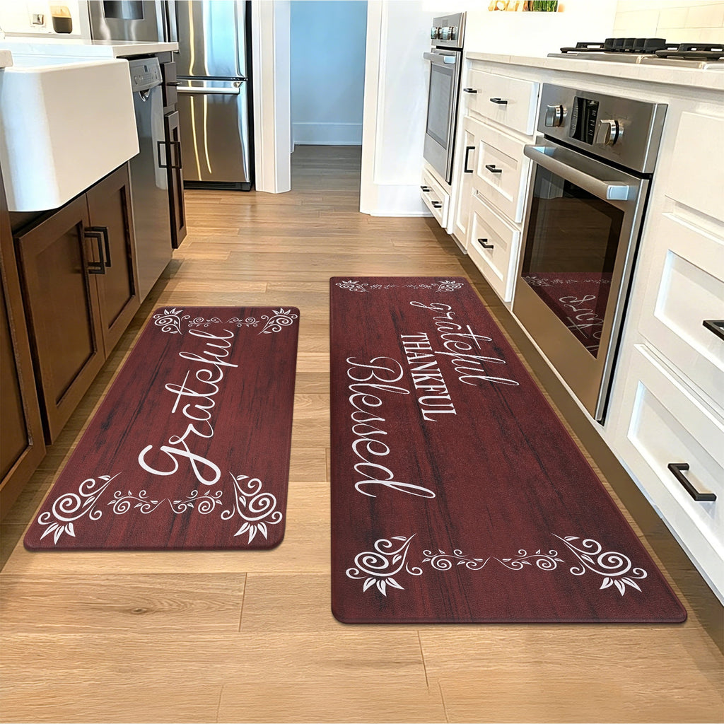 MeyJey Farmhouse Kitchen Rug Set of 2, Non-Slip Anti-Fatigue Waterproof Cushioned Mat for Kitchen, Dining & Laundry Room, 18"x30"+18"x48" Teal/Brown