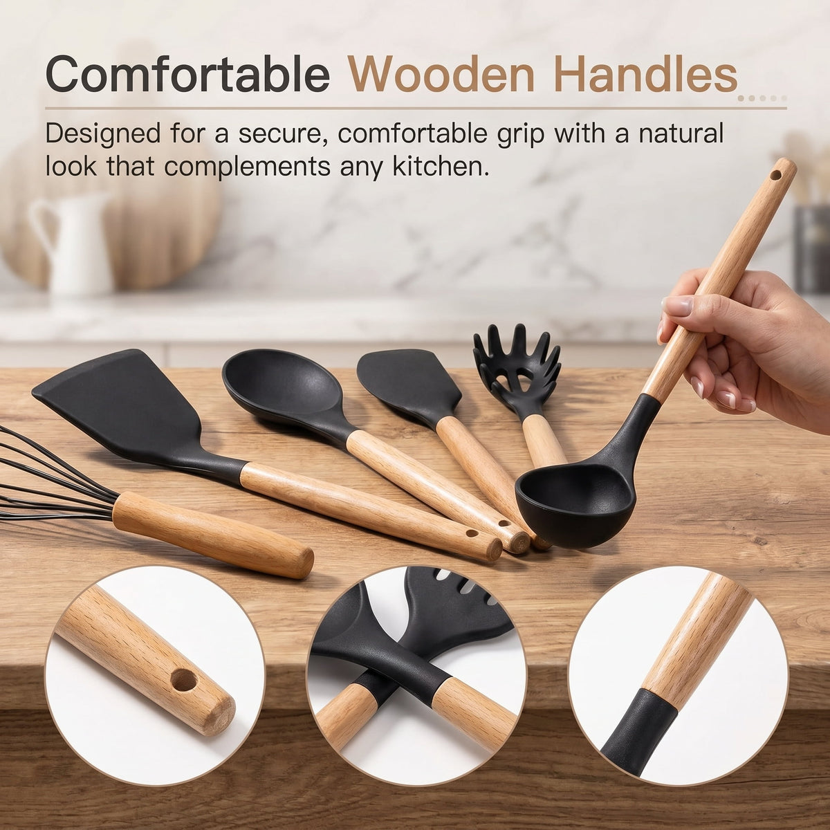 NULAS Kitchen Utensils Set, 37 pcs Non-Stick Silicone Cooking Kitchen Utensils Spatula Set with Holder,446℉ Heat Resistant,Wood Handle Kitchen Gadgets,Black