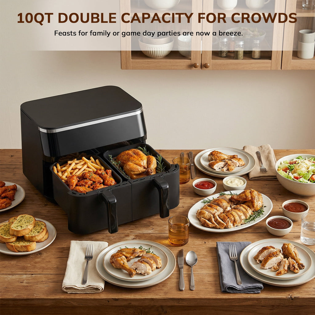 10QT Dual Basket Air Fryer with Digital LED Touchscreen, 12 Presets, Independent Dual Controls, Sync Finish, 1700W, 140-400°F, Black
