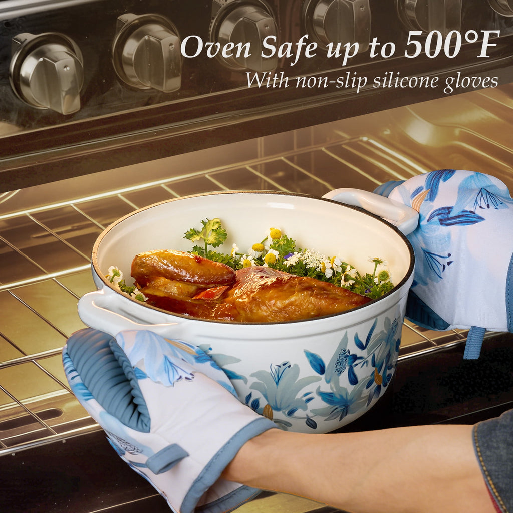CAROTE 5QT Cast Iron Dutch Oven with Gloves and Pot Pad, Nonstick Cookware for Baking, Roasting, Braising & Cooking, Dual Handles,Blue
