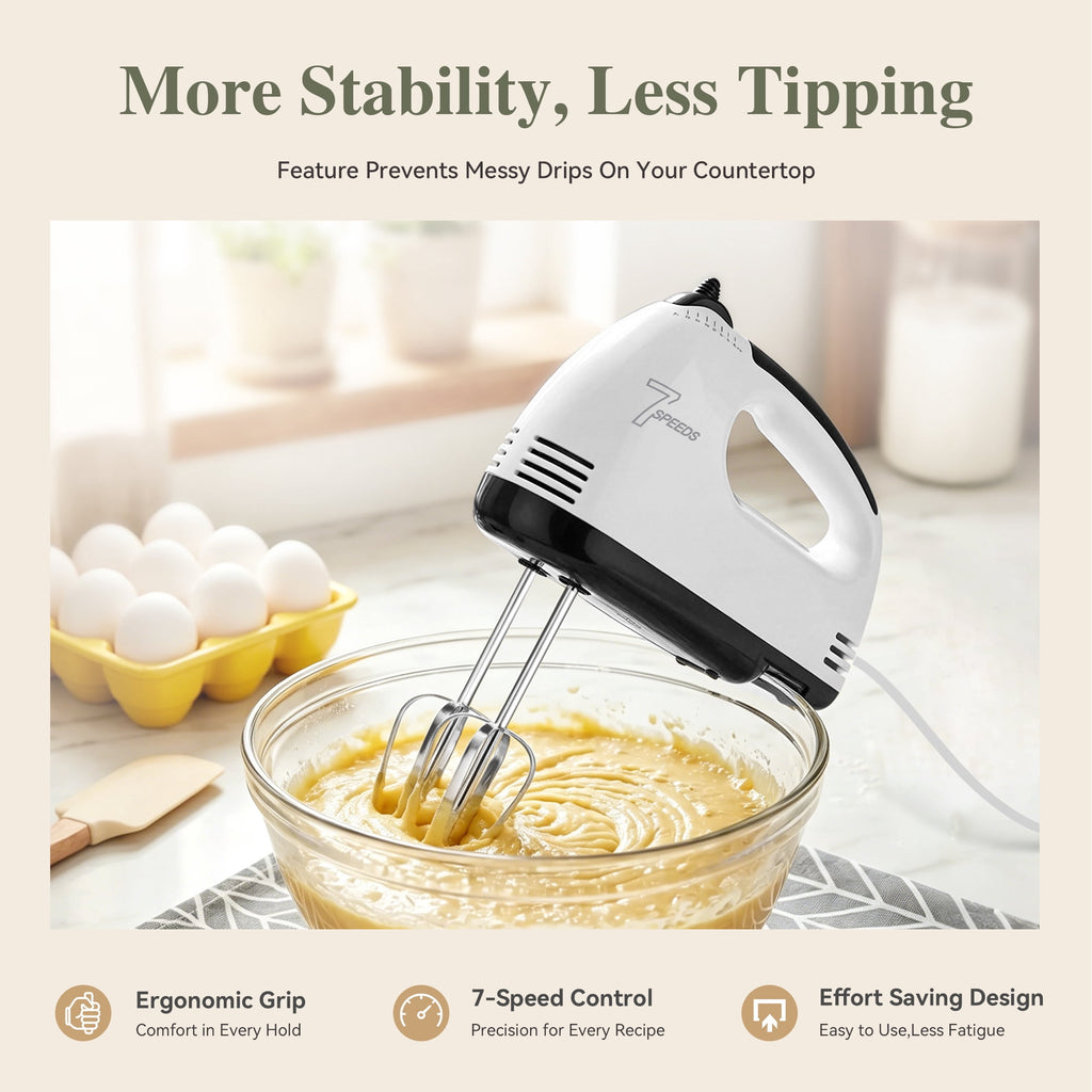 TINANA 7-Speed Electric Hand Mixer with 2 Beaters & 2 Dough Hooks, Eject Button, Ergonomic Grip, Compact White Kitchen Mixer