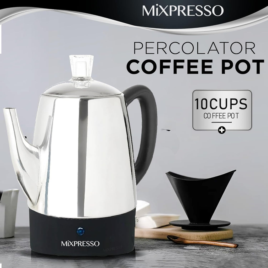 Mixpresso Percolator Coffee Pot Electric 10 Cup, Stainless Steel Coffee Maker, Coffee Percolator Electric With Keep Warm Function, 10 Cups Stainless Steel Perculator With Basket (Shiny Blue)