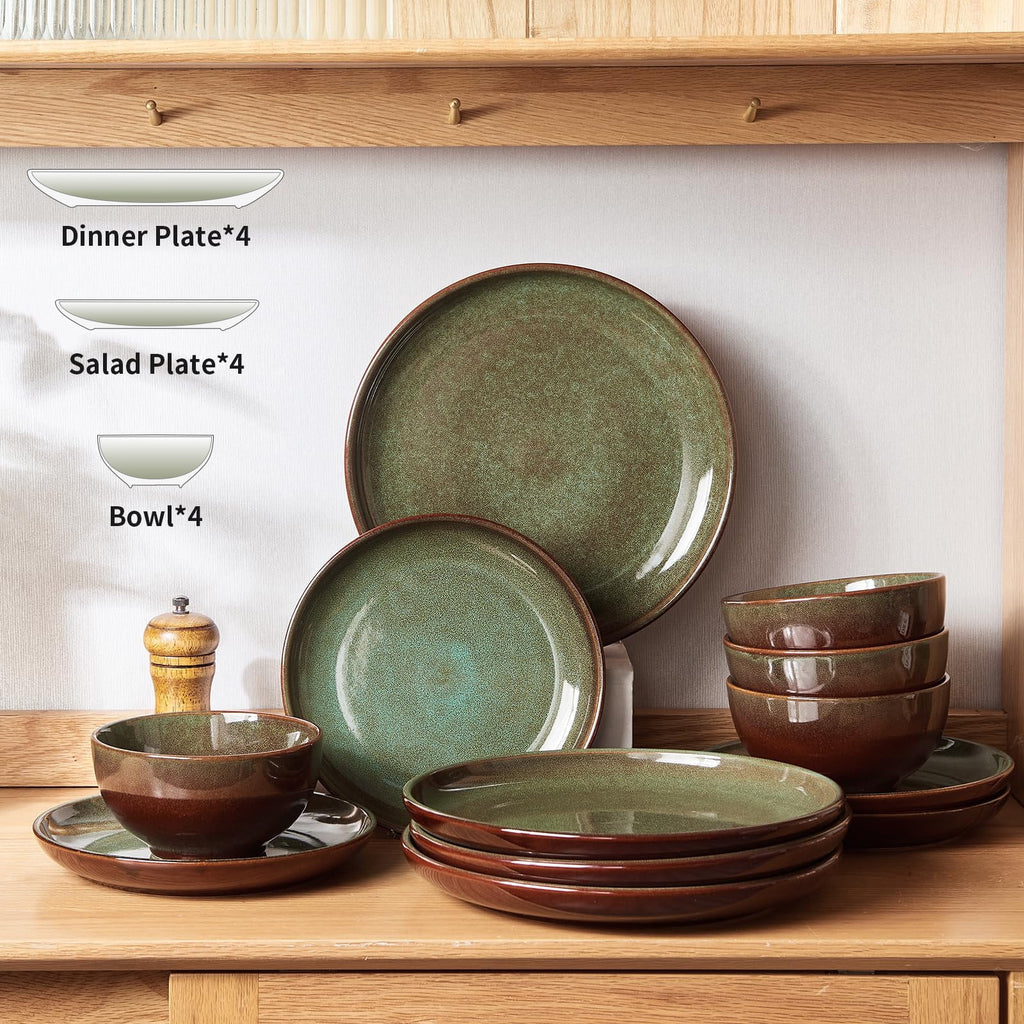 Pokini 12-Piece Stoneware Dinnerware Sets, Plates and Bowls Dish Sets for 4, Brown Green