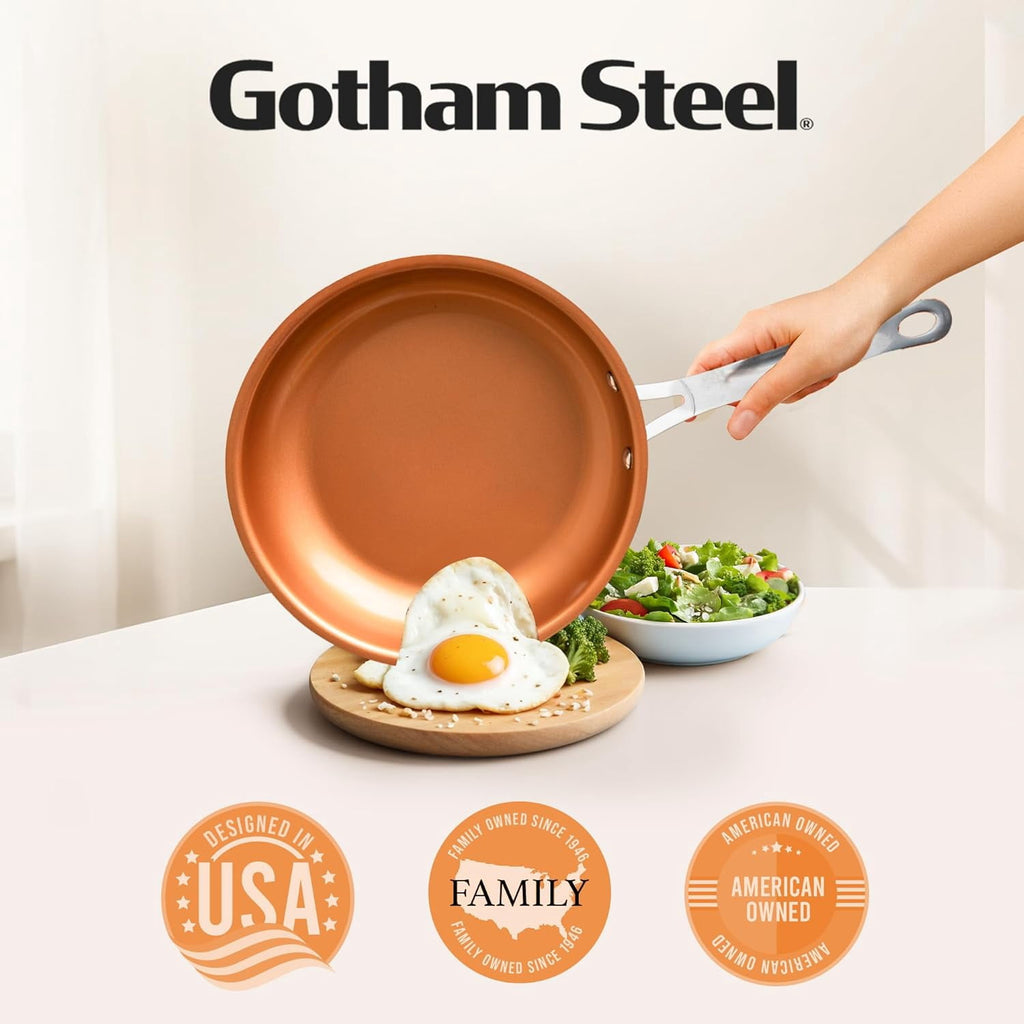 Gotham Steel 9.5 Inch Copper Non Stick Frying Pans, Ceramic Non Toxic Frying Pans Nonstick Skillet, Lightweight, Stay Cool Handle, Oven and Dishwasher Safe