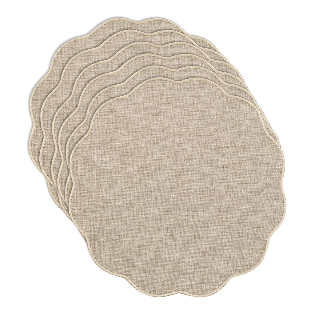 Ileading Scalloped Round Placemats Set of 6 Polyester Linen Blend Washable Non Slip Place Mats Easy Clean Heat Resistant Table Mats for Kitchen Dining Table Decor