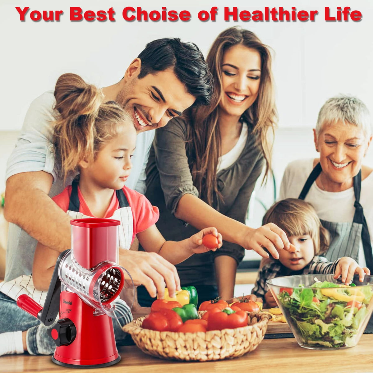 Geedel Rotary Cheese Grater, Kitchen Grater with Strong Suction Base, Dishwasher Safe, Easy to Clean Grater for Cheese,Vegetable, Nuts (3 Blades)