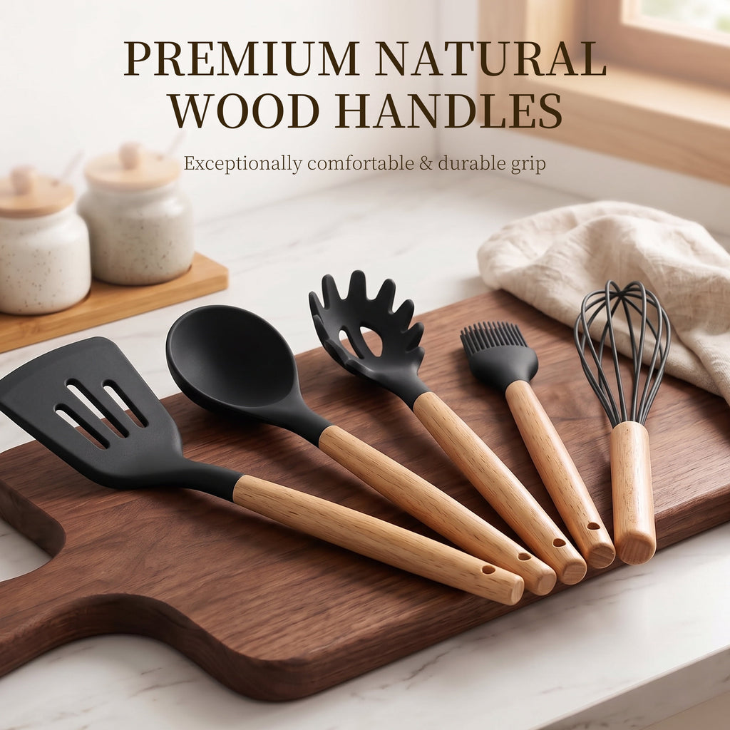 Silicone Cooking Utensils Set - Silicone Kitchen Utensils for Cooking Wooden Handles, 446°F Heat Resistant Kitchen Utensil Spatula Sets w Holder, Gadgets for Non-Stick Cookware BPA FREE (Black)