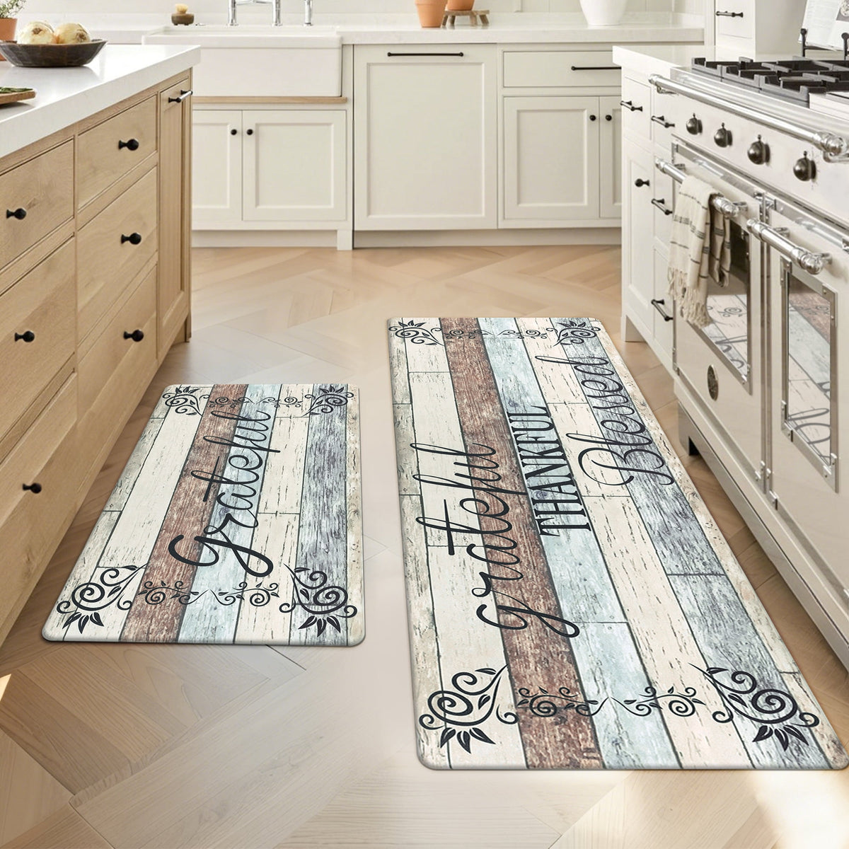MeyJey Farmhouse Kitchen Rug Set of 2, Non-Slip Anti-Fatigue Waterproof Cushioned Mat for Kitchen, Dining & Laundry Room, 18"x30"+18"x48" Teal/Brown