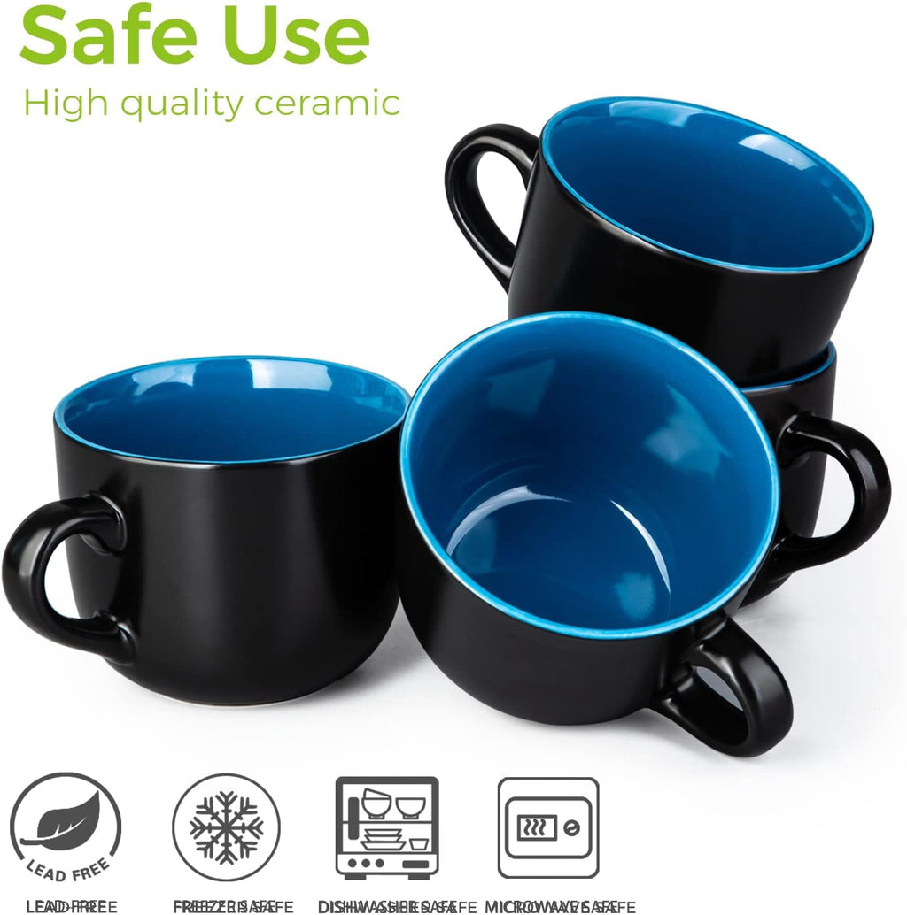 AmorArc Ceramic Soup Mugs with Lid, 24 oz Soup Cups with Hanlde for Coffee,Cereal,Salad,Noodles,Tea,Soup Bowls Cups,Microwave &Dishwasher Safe, Set of 4, Blue with Vented lid