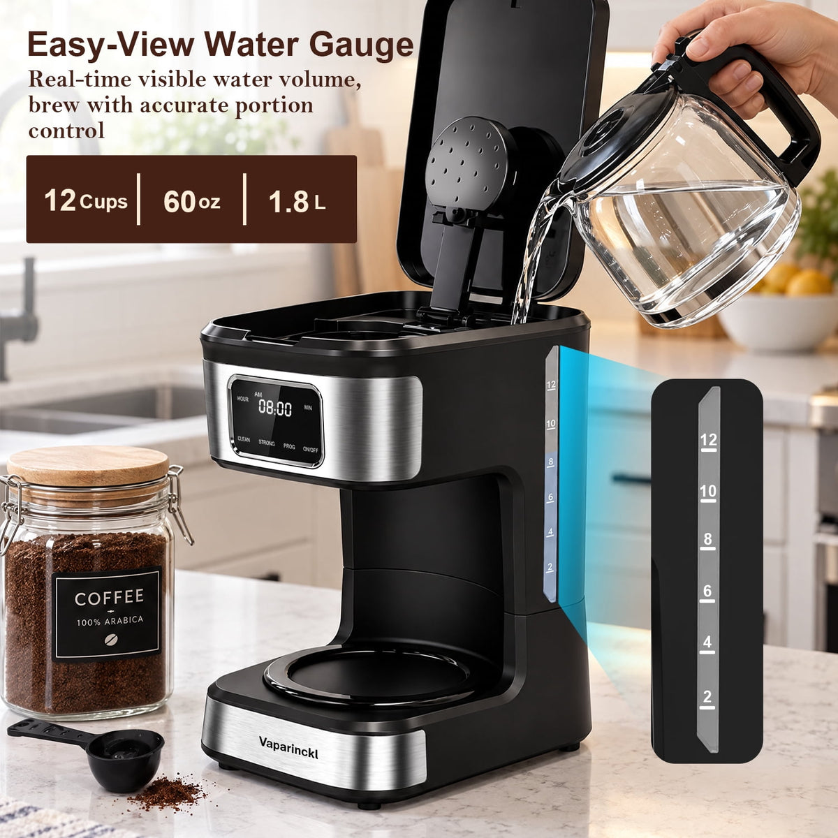 Vaparinckl 12-Cup Programmable Coffee Maker, Touch Screen, Auto Brew Timer & Shut-Off, Keep Warm, Black