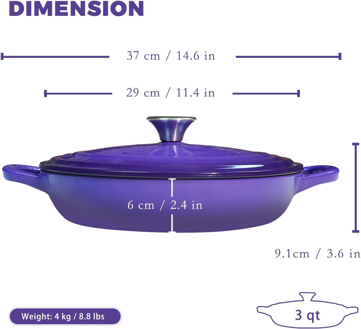 Flavehc Braiser Enameled Cast Iron Braiser 3 qt Braiser Pan with Lid Purple Shallow Cast Iron Casserole Braiser Pan with Handels