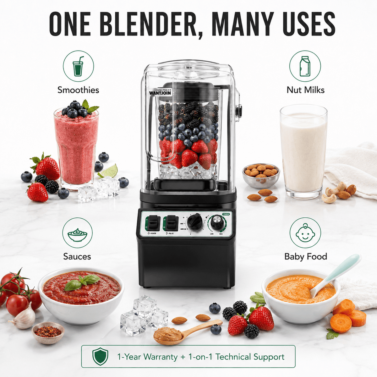 WantJoin Blender-Commercial Blender with Soundproof Shield, Enclosure 2200W ,Quiet Professional-Grade Power,Self-Cleaning,Gray