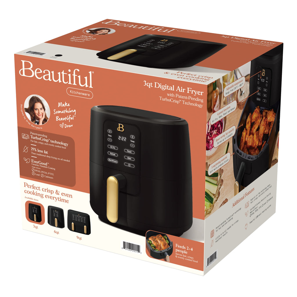 Beautiful 3 Qt Air Fryer with TurboCrisp Technology, EverGood Non-Toxic Ceramic Nonstick Coating, Chocolate by Drew Barrymore