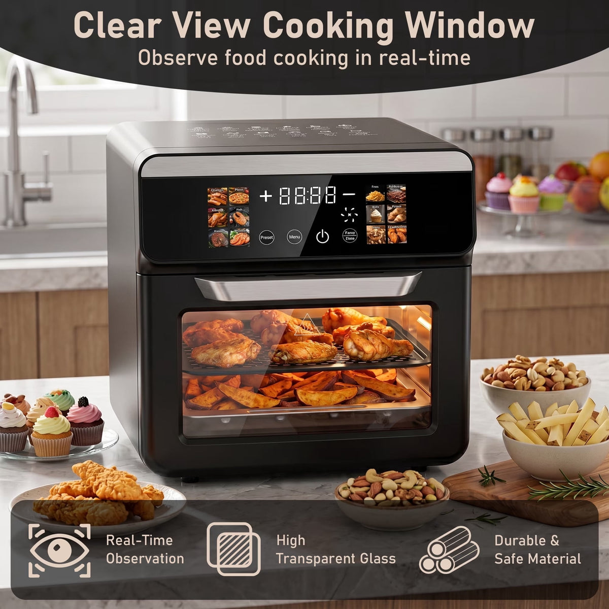 Smart Air Fryer Toaster Oven, 12 One-Touch Preset Functions, Smart Cooking Program, Viewing Window, Interior Light, Two Baking Pan Additions, Adjustable Time & Temperature, Oil-Free Family Cooker,