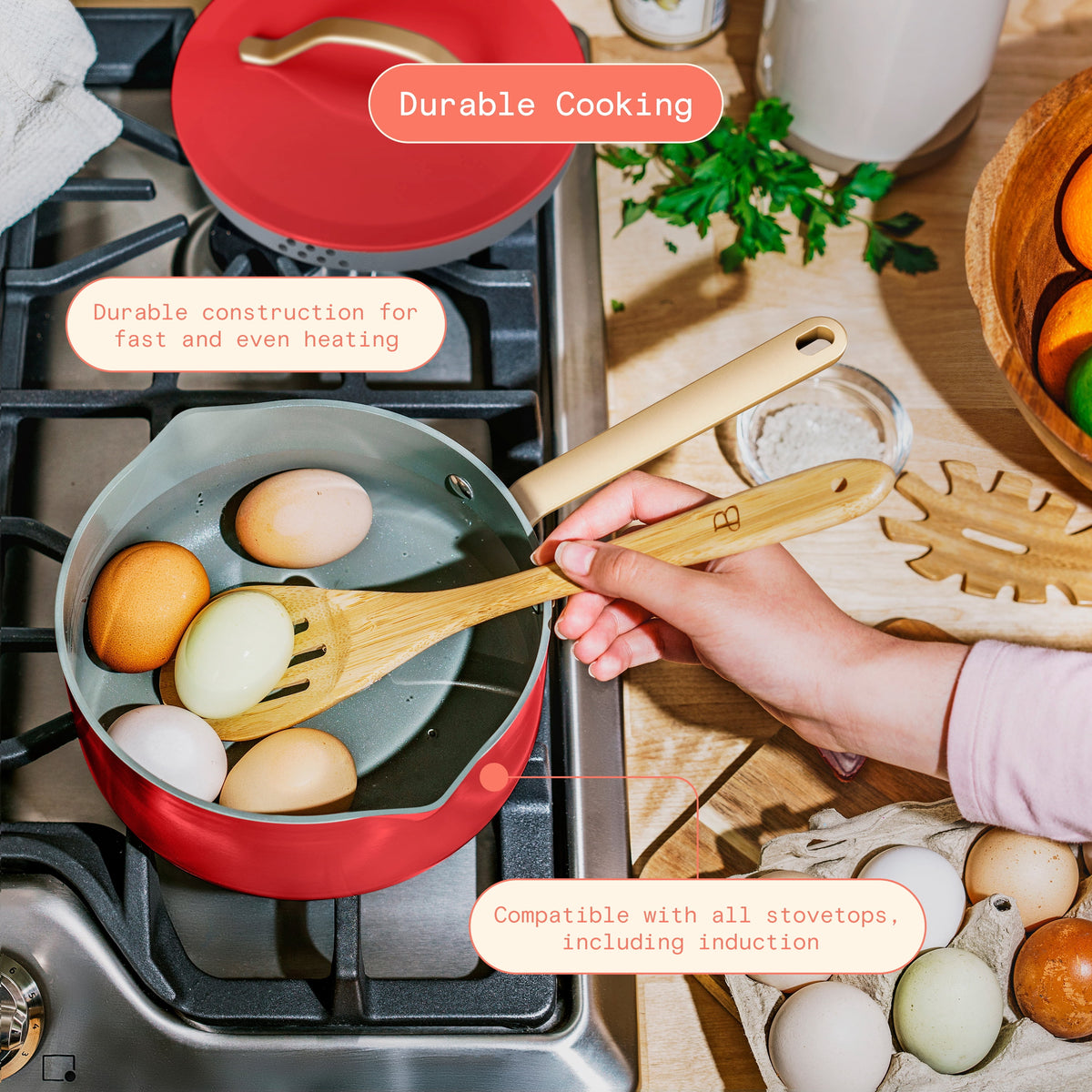 Beautiful 12-Piece Cookware Set, Pots and Pans with Strainer Lids and EverGood Ceramic Nonstick Coating, White Icing by Drew Barrymore