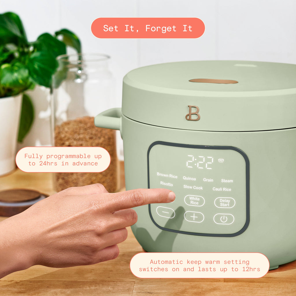 Beautiful 14-Cup Cooked, 6-Cups Uncooked Electric Rice and Grain Cooker, EverGood Ceramic Nonstick Coating, Thyme Green by Drew Barrymore