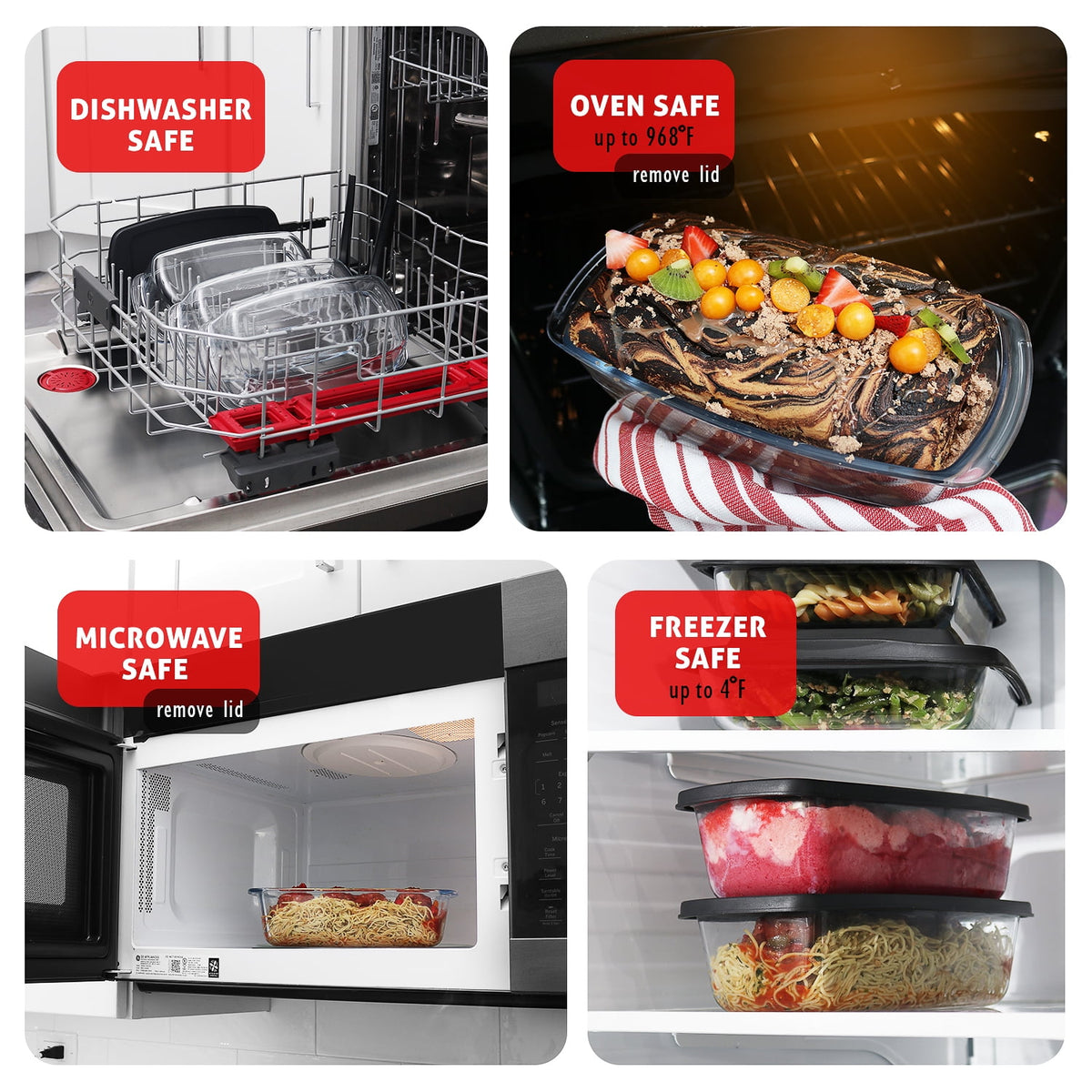 Virtu Glass Bread Loaf Pan, 6pc Glass Baking Dish with Lid, Food Storage Container, Black