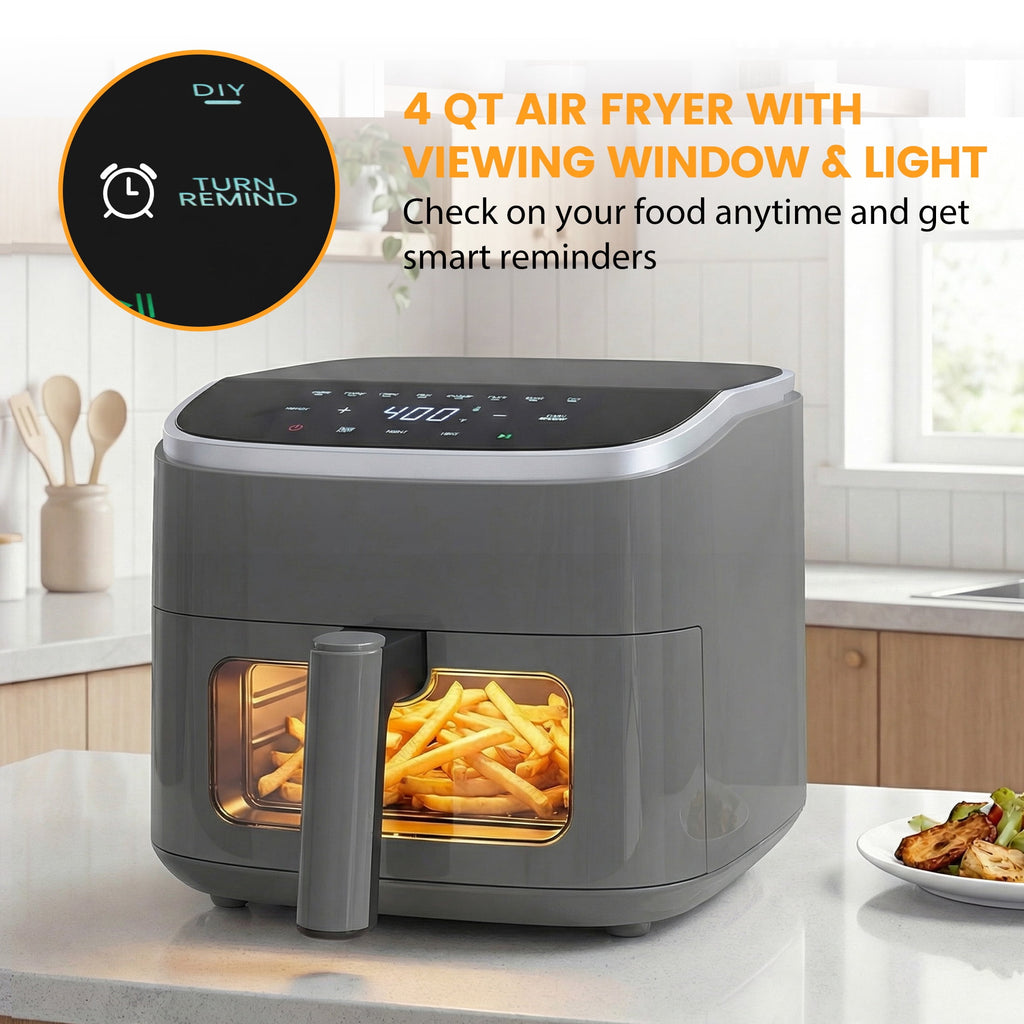 EDX 4QT Air Fryer, 1500W Digital Touchscreen with 8 Presets, Visible Window, Flip Reminder, Nonstick Dishwasher-Safe Basket, Black
