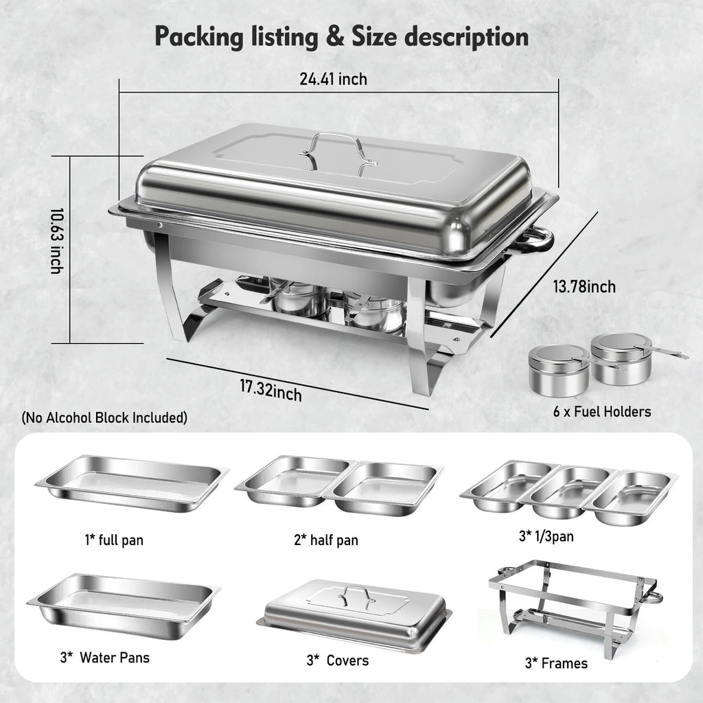 Chafing Dishes for Buffet ,AOKIWO 3 Packs 8QT Mirrored Stainless Steel Chafing Dishes for Buffet, Chafers and Buffet Warmer for Parties, Events, Wedding, Camping, Dinner