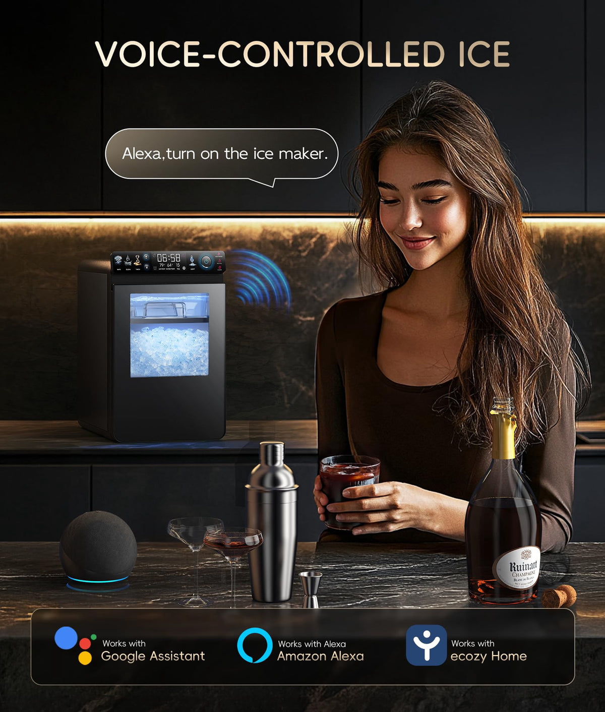 Ecozy Chillio Nugget Ice Maker Countertop with App Control, Smart Pebble Sonic Ice Machine, 44LBS/24H Soft Chewable Pellet Ice