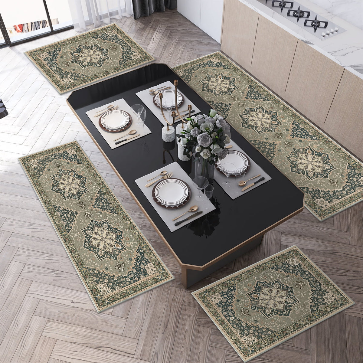 TECHVIDA Kitchen Rug Set 3 Piece,Non Slip Machine Washable Kitchen Mats, Farmhouse Hallway Doormat for Home Floor and Living Room,Gray