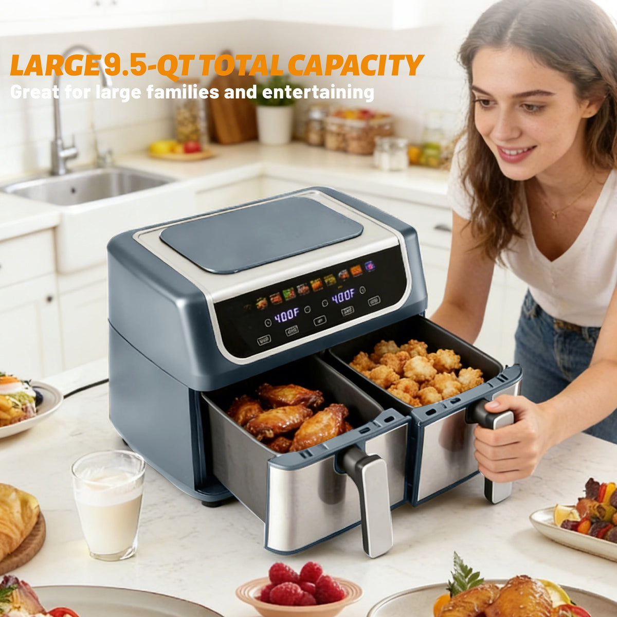 EDX 9QT Dual Basket Stainless Steel Air Fryer with Digital Sync & Match Cook, 1700W, 10 Presets, 2 Independent Cooking Zones, Shake Reminder, Black